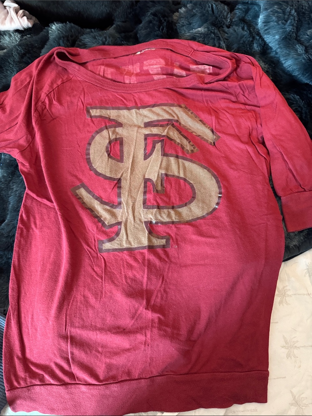 FSU Burgundy Long Sleeve Graphic Tee with Tan Logo